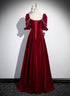 Wine Red Velvet Short Sleeves Long Prom Dress, Wine Red A-line Evening Dress