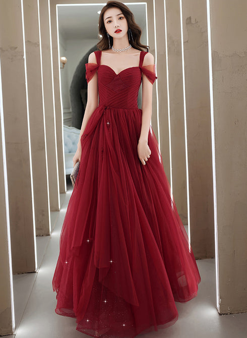 Wine Red Tulle Straps Sweetheart Long Party Dress, Wine Red A-line Prom Dress