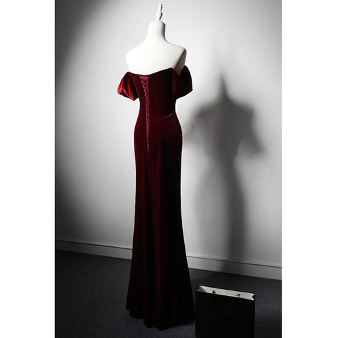 Wine Red Velvet Off Shoulder Long Mermaid Prom Dress, Wine Red Velvet Eveing Dress