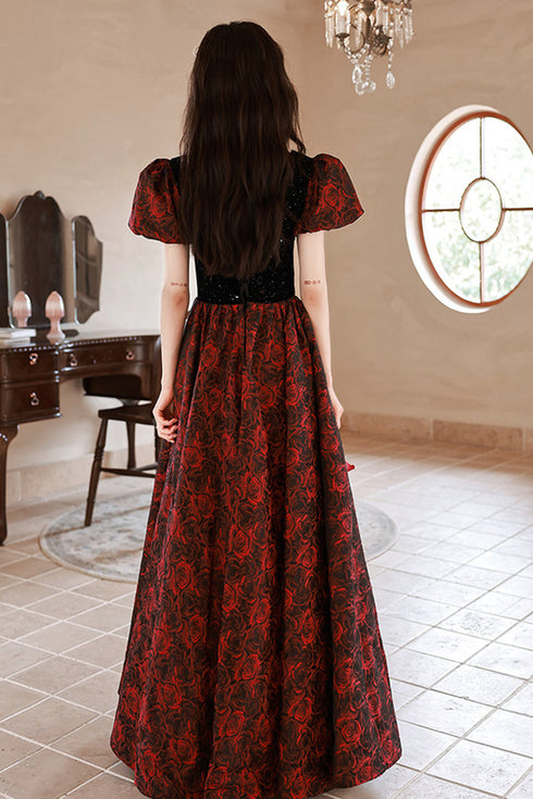 Gothic Black and Red Floral Short Sleeves Prom Dress, A-line Black and Red Evening Dress Formal Dress