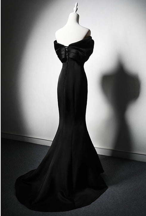Black Mermaid Satin Off Shoulder Evening Dress, Black Satin Prom Dress