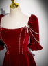 Wine Red Velvet Short Sleeves Long Prom Dress, Wine Red A-line Evening Dress
