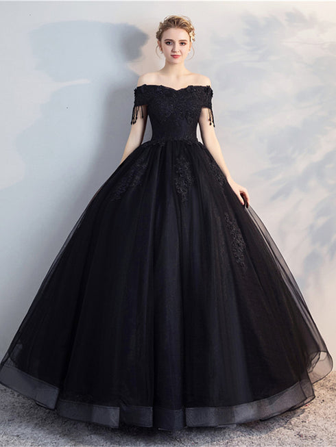 Black Off Shoulder Tulle with Lace Applique Party Dress, Sweetheart Ball Gown Prom Dress