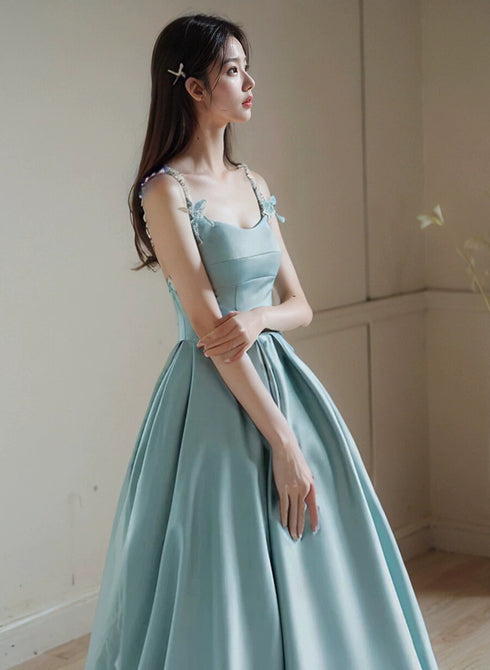 Blue Satin Beaded Straps Long Evening Dress, Blue Satin Prom Dress