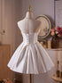 Elegant Satin Strapless Short Party Dress with Lace Applique, Strapless Corset Graduation Dress