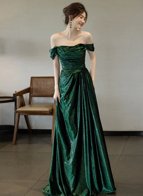 Pretty Green Off Shoulder Simple Evening Dress, Green Long Prom Dress