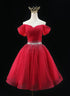 Red Tulle Beaded Off Shoulder Homecoming Dress, Short Red Formal Dress