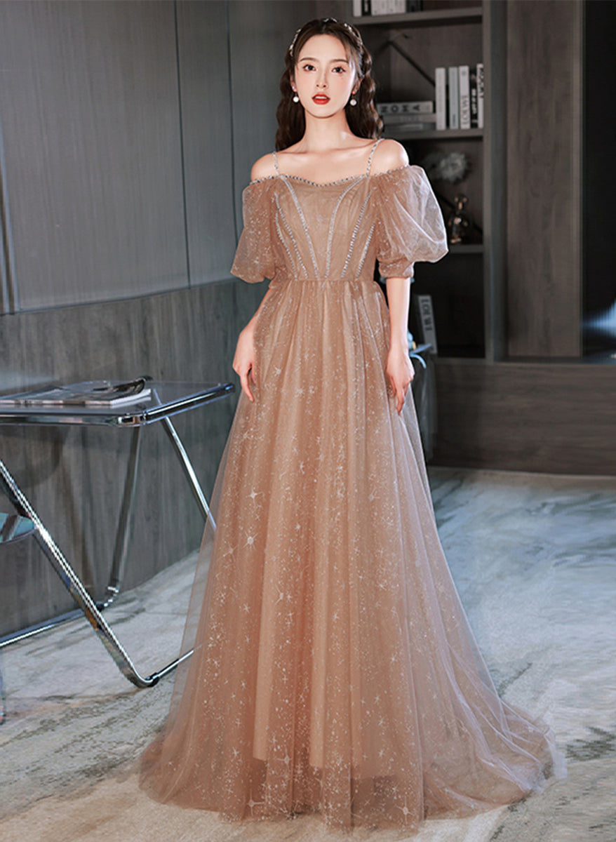 A-line Champagne Tulle Off Shoulder Long Party Dress, Champagne Formal