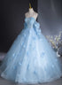 Blue Flowers and Tulle Puffy Sleeves Prom Dress, Blue Sweet 16 Dress