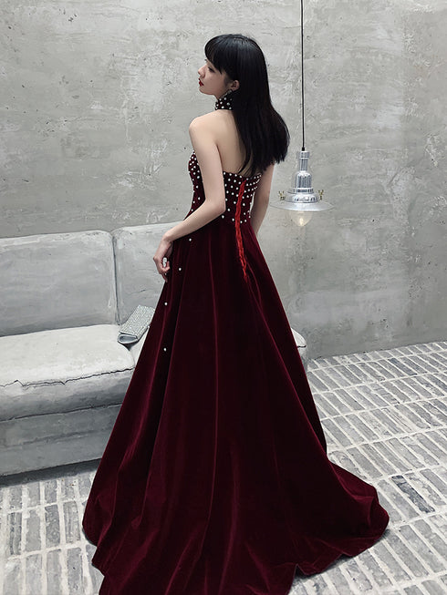 Wine Red Velvet Beaded Long Prom Dress, Wine Red Velvet Party Dress