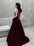 Wine Red Velvet Beaded Long Prom Dress, Wine Red Velvet Party Dress