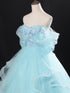 Light Blue Tulle Ball Gown with Floral Lace Applique Party Dress, Off Shoulder Corset Quinceañera Dress
