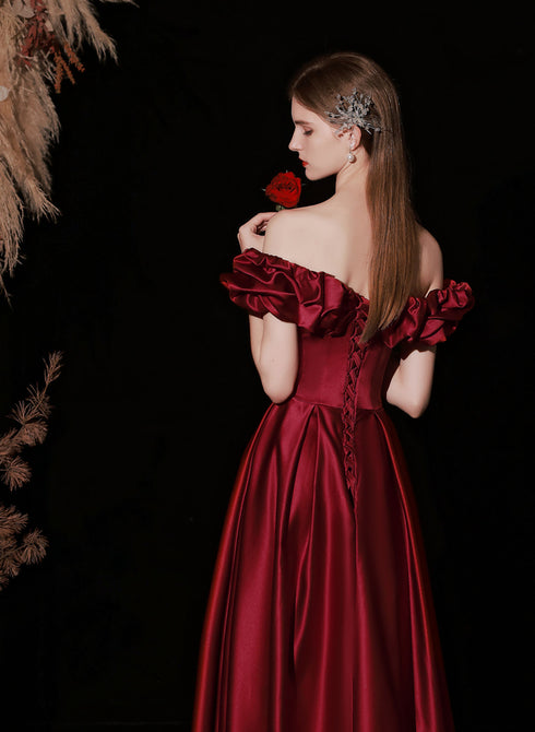 Wine Red Satin Off Shoulder Long Evening Dress, Wine Red Satin Prom Dress