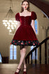 Wine Red Velvet Short Party Dress with Short Sleeves, Wine Red Velvet Homecoming Dress