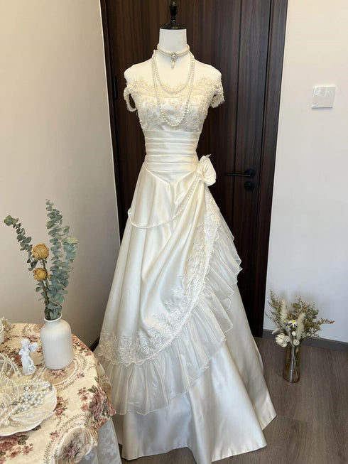 Ivory Satin with Lace Applique Off Shoulder Long Formal Dress, Ivory Satin Prom Dress Party Dress