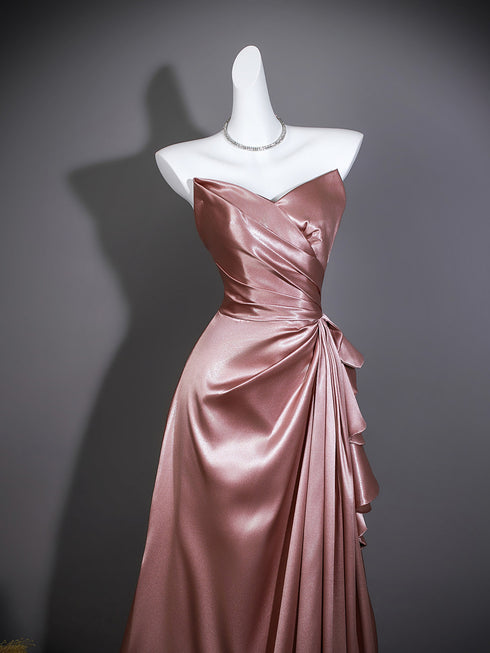 Pink Satin V-neckline A-line Long Formal Dress, Pink Off Shoulder Satin Evening Dress Prom Dress