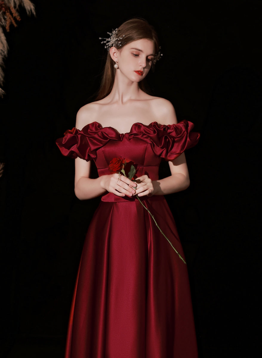 Wine Red Satin Simple Off Shoulder Party Dress, Wine Red Long Prom Dress Evening Dress