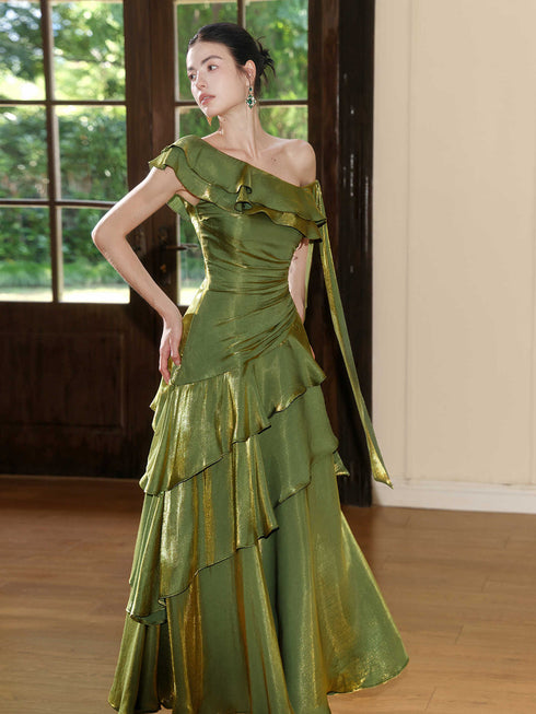 Elegant Green One Shoulder Ruffle Layered Prom Dress, Green A-line Floor Length Party Dress