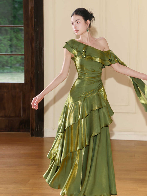 Elegant Green One Shoulder Ruffle Layered Prom Dress, Green A-line Floor Length Party Dress