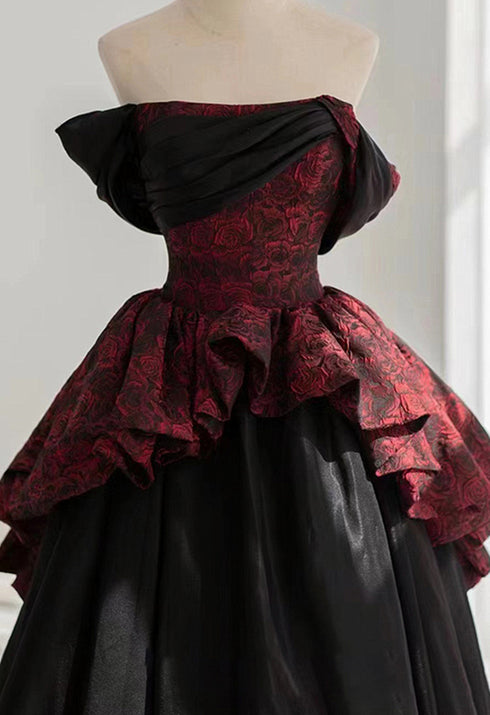 A-line Black and Red Scoop Long Formal Dress, Floral Satin Prom Dress Evening Dress