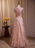 Pink V-neckline Tulle Beaded with Lace Applique Prom Dress, Pink Party Dress