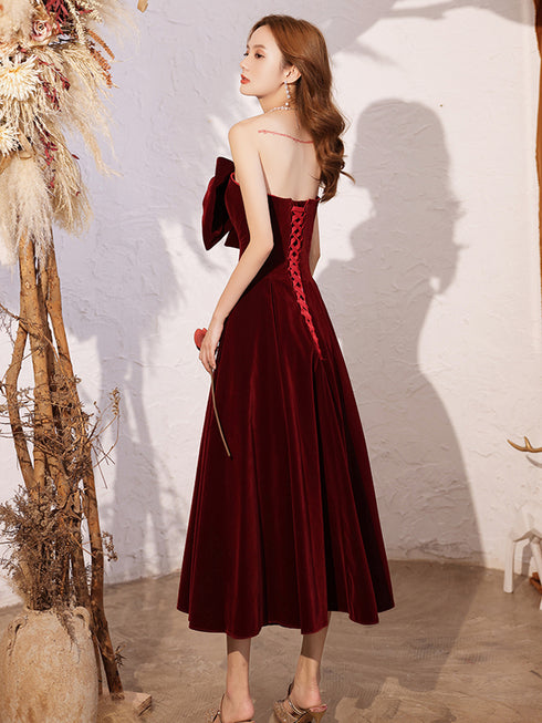 Wine Red Velvet Tea Length Party Dress, Wine Red Homecoming Dress Prom Dress