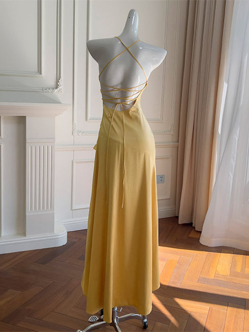 Yellow Satin High-Low Maxi Dress, Ruffled Halter Prom Dress Party Dress