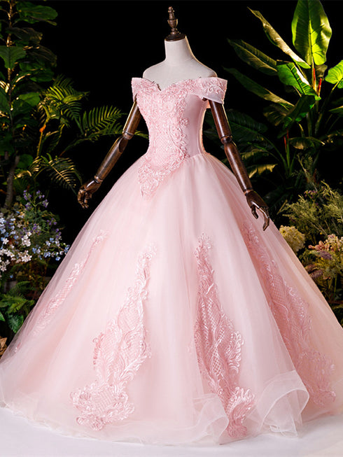 Pink Tulle Off Shoulder Party Dress with Lace Applique, Pink Tulle Sweet 16 Dresses