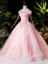 Pink Tulle Off Shoulder Party Dress with Lace Applique, Pink Tulle Sweet 16 Dresses
