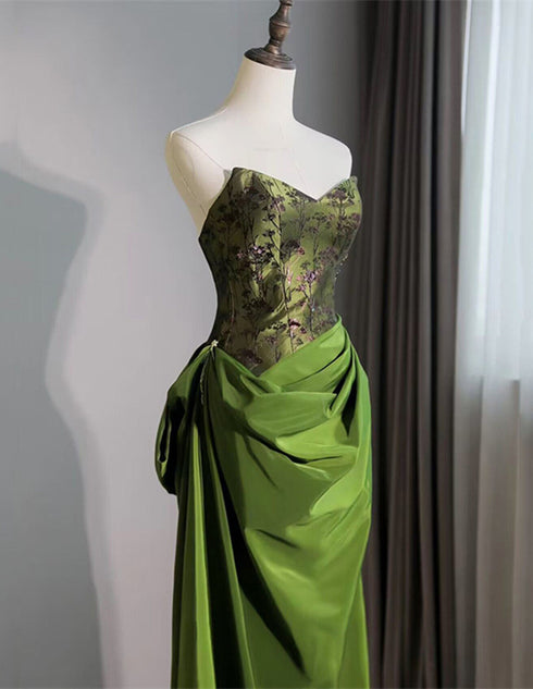 Green Satin V-neckline Floor Length Party Dress, Green Long Prom Dress