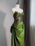 Green Satin V-neckline Floor Length Party Dress, Green Long Prom Dress