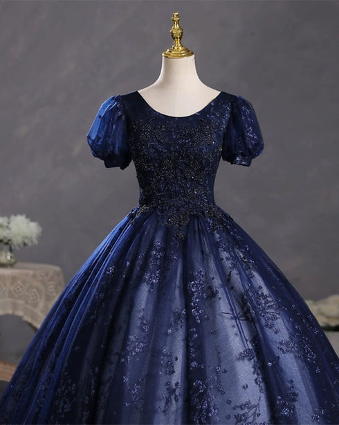 Navy Blue Ball Gown Round Neckline Short Sleeves Party Dress, Navy Blue Tulle Prom Dress