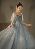 Blue Beaded A-line Tulle Long Party Dress, Blue Evening Dress Prom Dress