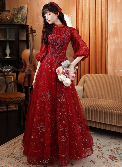 Wine Red Tulle Puffy Sleeves Long Party Dress, Wine Red Long Prom Dress