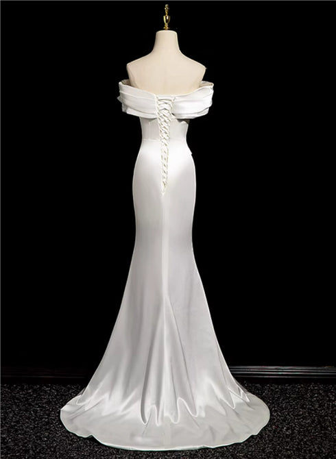 White Mermaid Satin Off Shoulder Long Party Dress, White Satin Wedding Party Dress
