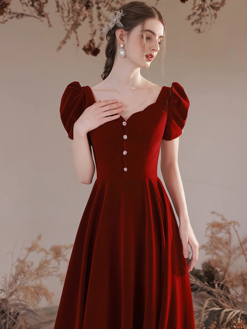 Wine Red Velvet Short Sleeves Long Wedding Party Dress, Wine Red A-line Prom Dress