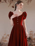 Wine Red Velvet Short Sleeves Long Wedding Party Dress, Wine Red A-line Prom Dress