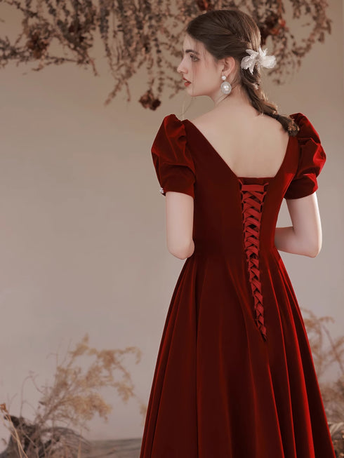 Wine Red Velvet Short Sleeves Long Wedding Party Dress, Wine Red A-line Prom Dress