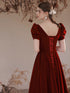 Wine Red Velvet Short Sleeves Long Wedding Party Dress, Wine Red A-line Prom Dress