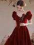 Wine Red Velvet Short Sleeves Long Wedding Party Dress, Wine Red A-line Prom Dress