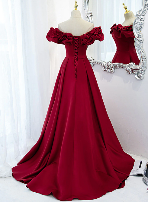 Off Shoulder Wine Red Sweetheart Long Party Dress, Wine Red Prom Dress Evening Dress