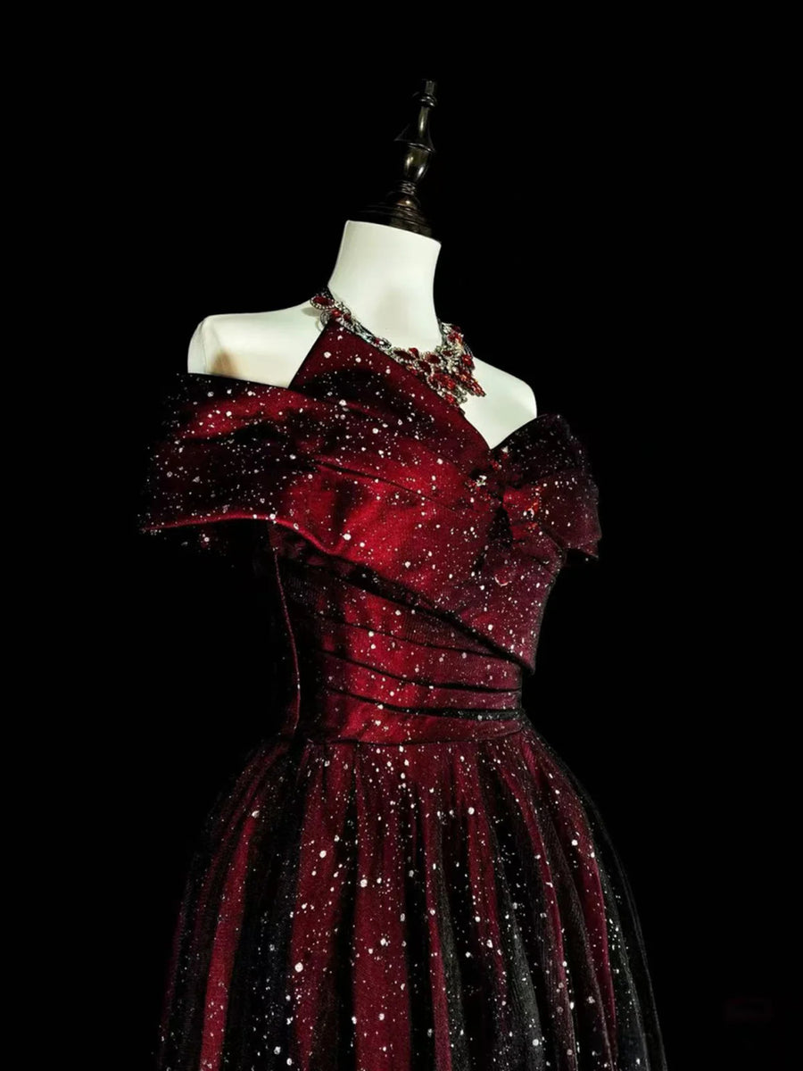 A-line Off Shoulder Black and Red Gothic Prom Dress, Sweetheart Long F