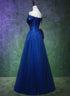 A-line Off Shoulder Blue Beaded and Lace Long Party Dress, Blue Formal Dress