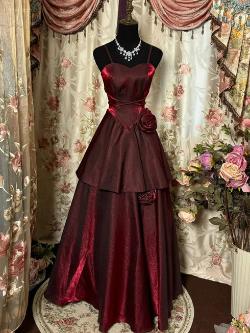 Wine Red Satin Sweetheart Straps Long Party Dress, Wine Red Satin Prom Dress