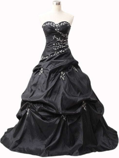 Strapless Black Gothic Prom Dress Satin Embroidered, A-Line Ball Gown Evening Dress