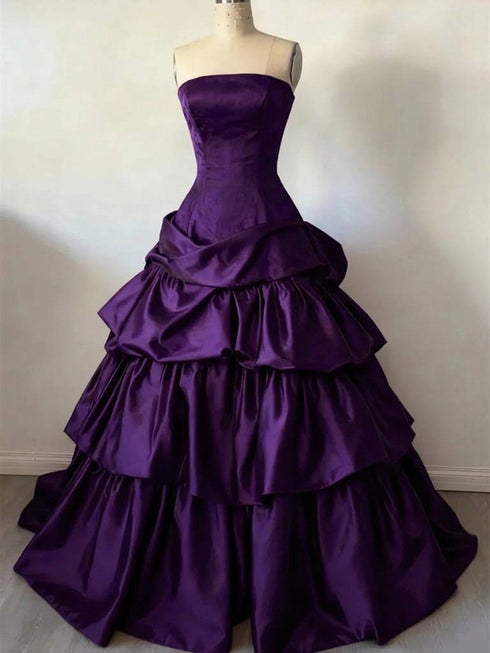 Purple Strapless Tiered Satin Prom Dress, Ruffle Ball Gown Long Party Dress Evening Gown