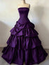 Purple Strapless Tiered Satin Prom Dress, Ruffle Ball Gown Long Party Dress Evening Gown
