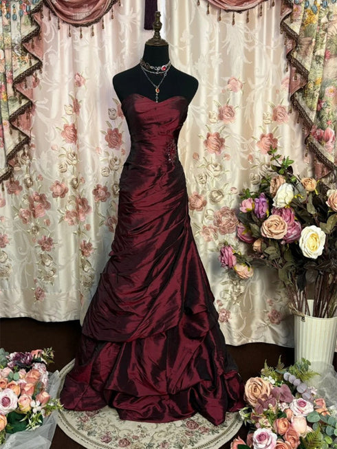 Wine Red Strapless Long Taffeta Sweet 16 Dress, Wine Red Sweetheart Prom Dress