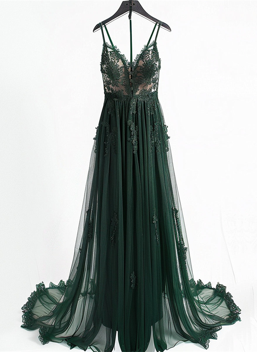 A-line V-neckline Tulle with Lace Green Prom Dress, Green Tulle Evening Dress US size 8 / Custom Color A-line V-neckline Tulle with Lace Green Prom Dress, Green Tulle Evening Dress US size 8 / Custom Color