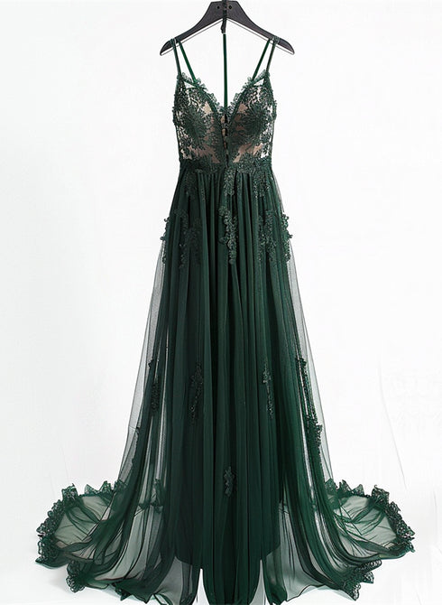 A-line V-neckline Tulle with Lace Green Prom Dress, Green Tulle Evening Dress